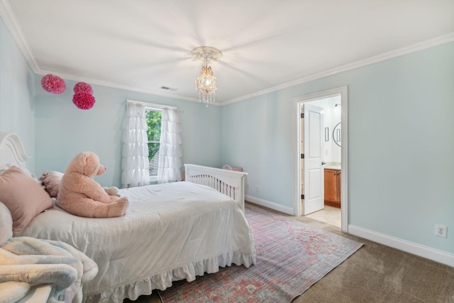 bedroom featuring connected bathroom, light carpet, and ornamental molding