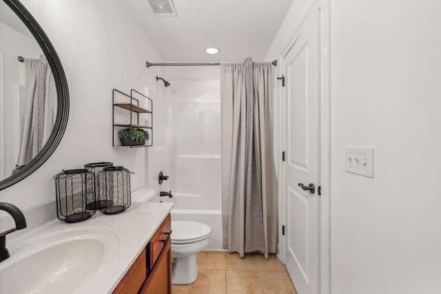 full bathroom with toilet, vanity, tile patterned flooring, and shower / tub combo with curtain