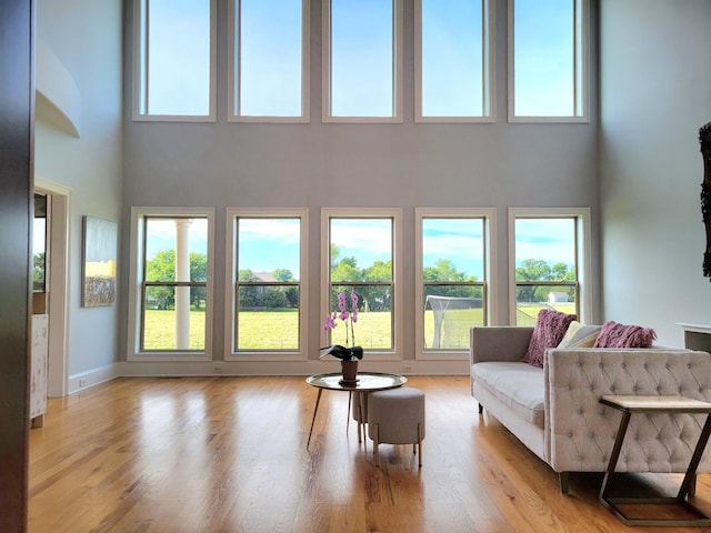 living room featuring light wood-type flooring, a towering ceiling, and a healthy amount of sunlight