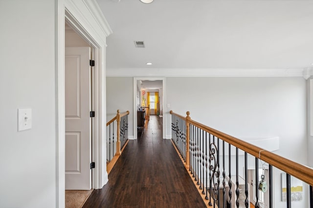 hallway featuring dark hardwood / wood-style floors and crown molding