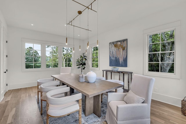 dining space with light wood-type flooring and plenty of natural light