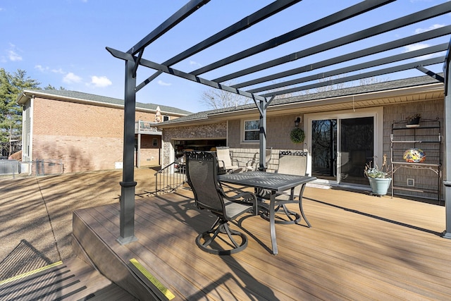 wooden deck with an outdoor bar and a pergola