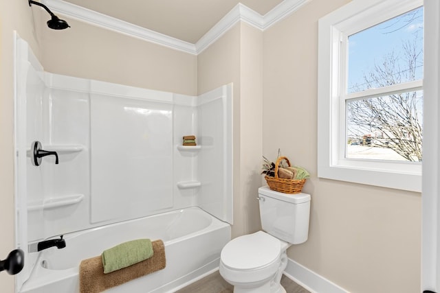 full bathroom with shower / bathtub combination, ornamental molding, toilet, and baseboards