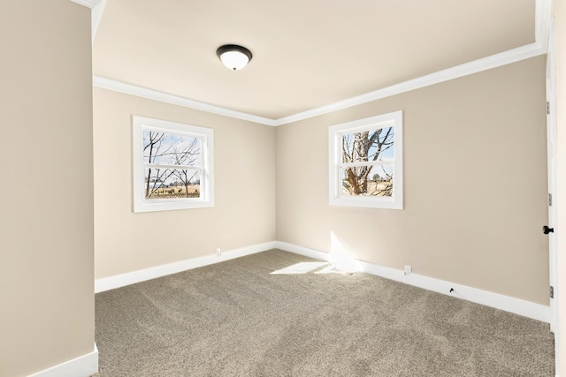 carpeted spare room featuring ornamental molding, a wealth of natural light, and baseboards