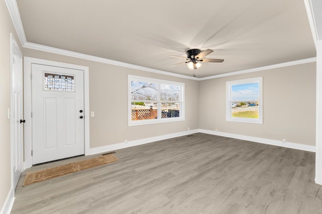 foyer with wood finished floors, a wealth of natural light, and crown molding