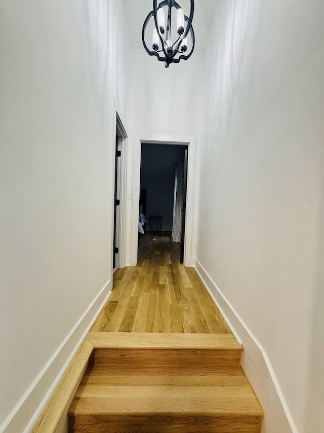 hallway featuring wood-type flooring and a chandelier