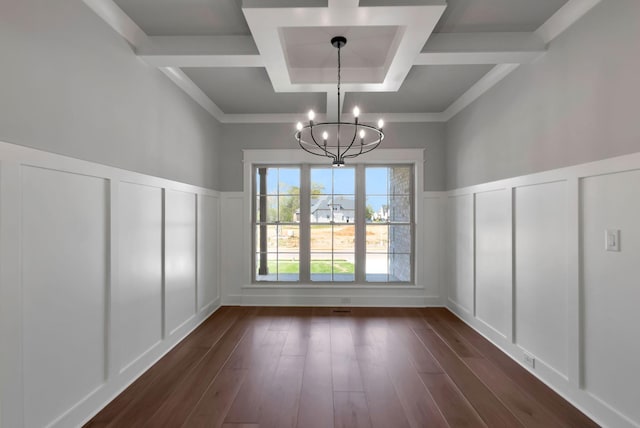 3025 Shady Forest Dr, Murfreesboro, TN 37128 - unfurnished dining area featuring a wainscoted wall, dark wood-style floors, coffered ceiling, a decorative wall, and a chandelier