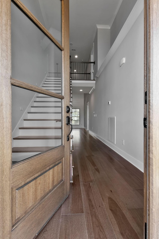 3025 Shady Forest Dr, Murfreesboro, TN 37128 - entryway with stairs, hardwood / wood-style floors, a towering ceiling, visible vents, and recessed lighting
