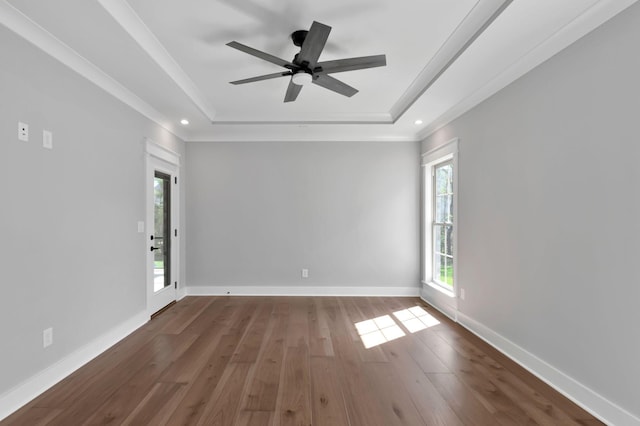 3025 Shady Forest Dr, Murfreesboro, TN 37128 - empty room featuring ceiling fan, ornamental molding, wood finished floors, and a raised ceiling