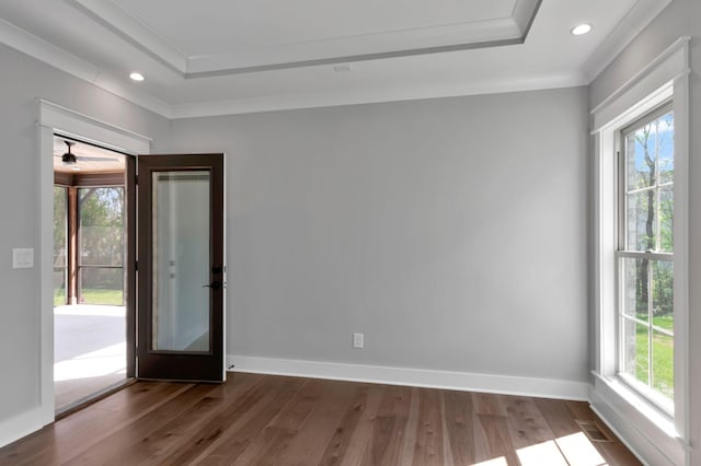 3025 Shady Forest Dr, Murfreesboro, TN 37128 - interior space featuring crown molding, a tray ceiling, dark wood finished floors, and a healthy amount of sunlight