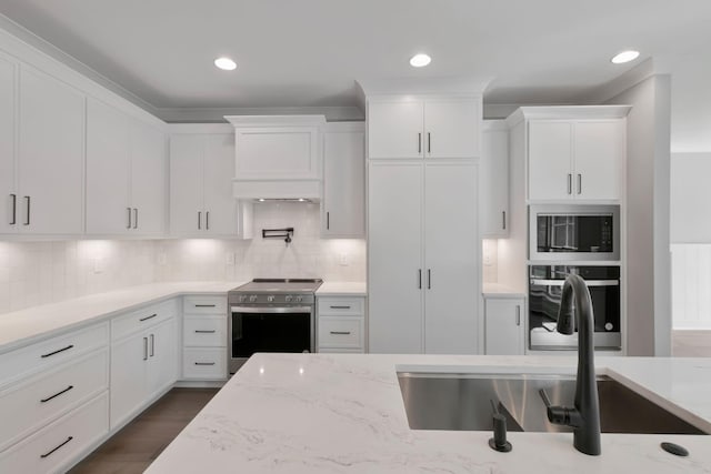 3025 Shady Forest Dr, Murfreesboro, TN 37128 - kitchen featuring a sink, stainless steel appliances, premium range hood, white cabinets, and backsplash