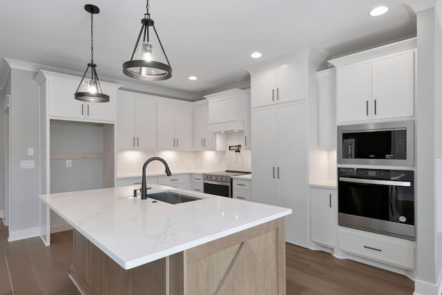 3025 Shady Forest Dr, Murfreesboro, TN 37128 - kitchen with a sink, dark wood finished floors, backsplash, appliances with stainless steel finishes, and recessed lighting