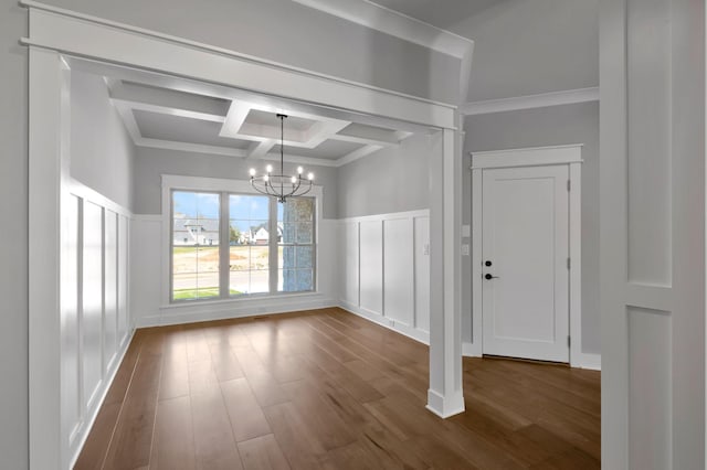 3025 Shady Forest Dr, Murfreesboro, TN 37128 - unfurnished dining area with a decorative wall, beamed ceiling, coffered ceiling, a notable chandelier, and dark wood-style floors