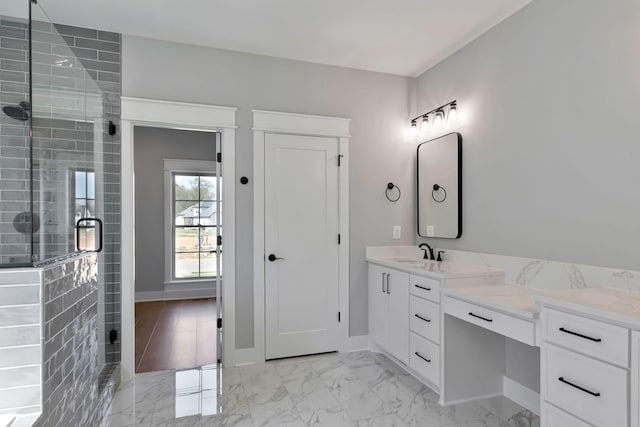 3025 Shady Forest Dr, Murfreesboro, TN 37128 - bathroom featuring a shower stall, marble finish floor, baseboards, and vanity