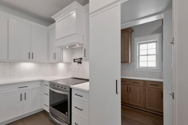 3025 Shady Forest Dr, Murfreesboro, TN 37128 - kitchen with stainless steel electric stove, light countertops, decorative backsplash, and dark wood finished floors