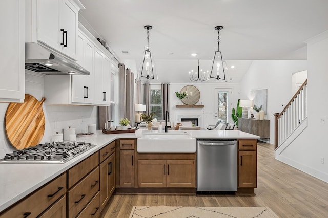 kitchen featuring stainless steel appliances, lofted ceiling, hanging light fixtures, a chandelier, and sink