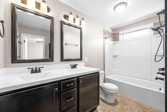 full bathroom with shower / bathtub combination, vanity, and toilet