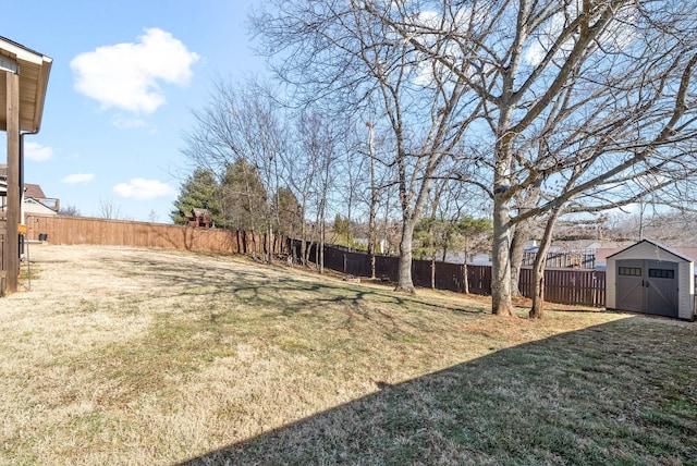 view of yard featuring a storage unit