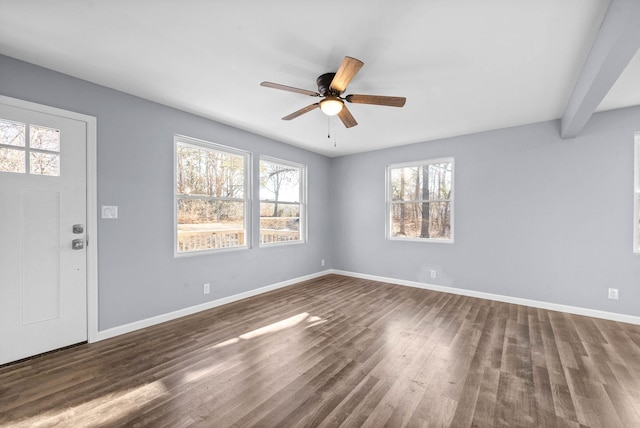 foyer featuring ceiling fan, dark hardwood / wood-style floors, and beam ceiling