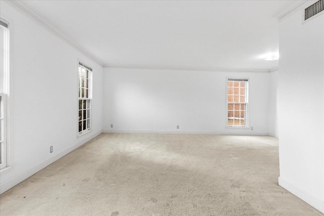 empty room with crown molding and light colored carpet