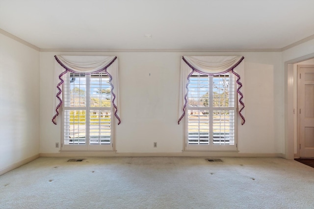 spare room with carpet floors, a wealth of natural light, and crown molding