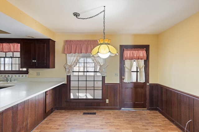 kitchen with sink, light wood-type flooring, and pendant lighting