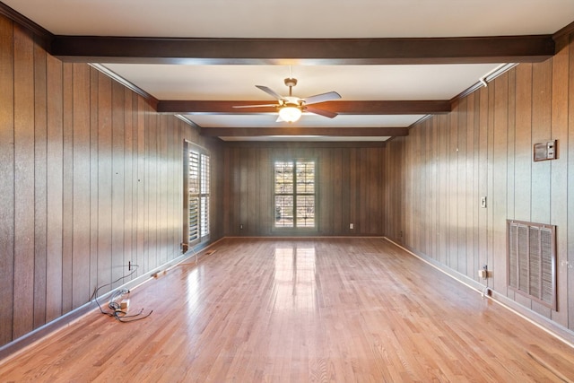 spare room with light hardwood / wood-style floors, wooden walls, beamed ceiling, and ceiling fan