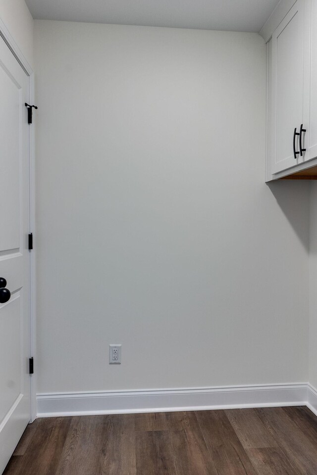 laundry area featuring cabinets and dark wood-type flooring