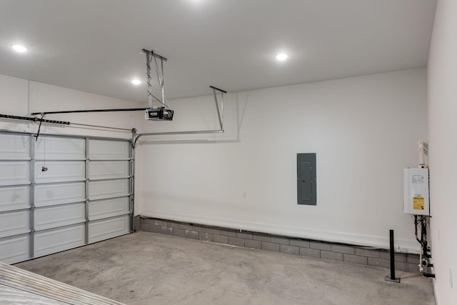 garage with electric panel and a garage door opener