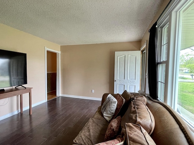 living room with dark wood-type flooring and a textured ceiling