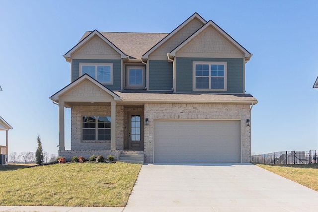 craftsman inspired home featuring a front lawn, central AC, and a garage