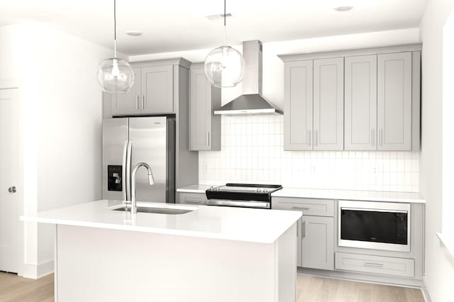 kitchen featuring appliances with stainless steel finishes, wall chimney exhaust hood, hanging light fixtures, and an island with sink