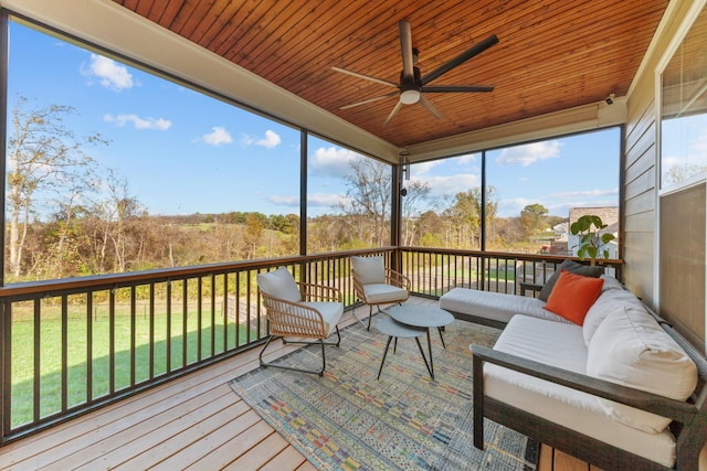 sunroom / solarium with wooden ceiling, a wealth of natural light, and ceiling fan