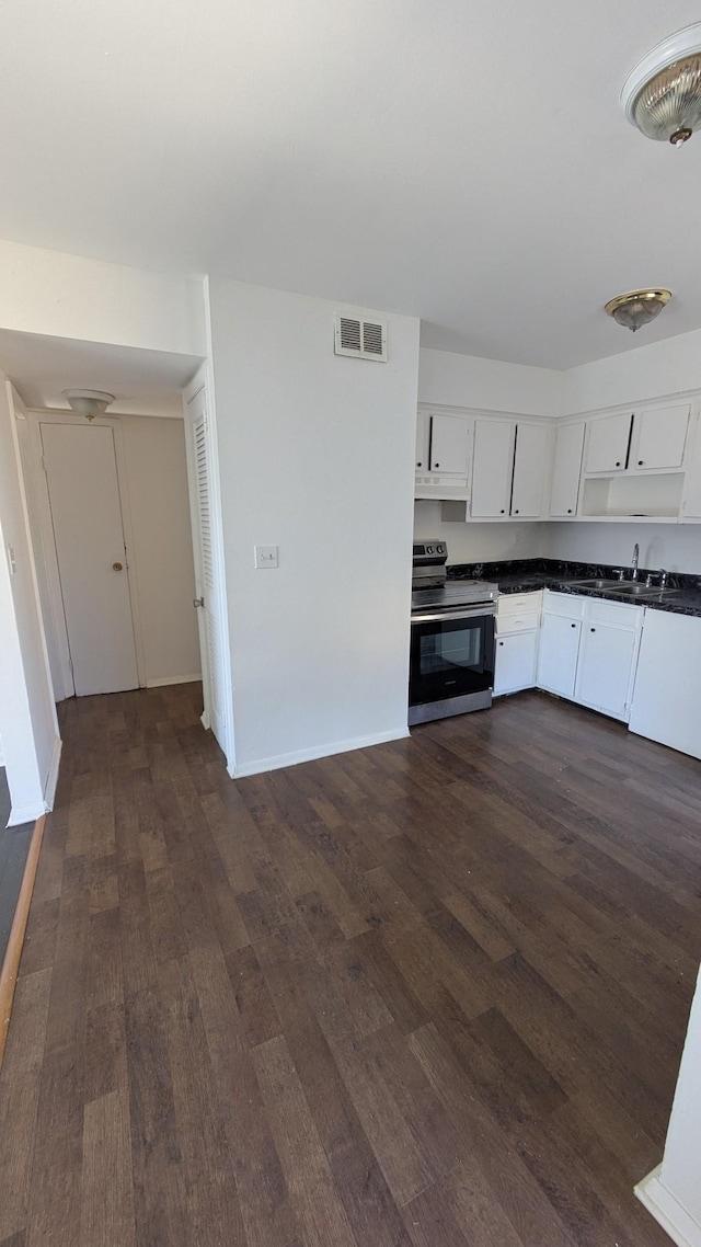 kitchen featuring electric stove, white cabinets, dark hardwood / wood-style flooring, and sink