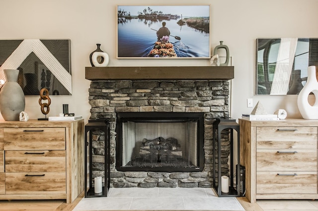 interior details with a fireplace