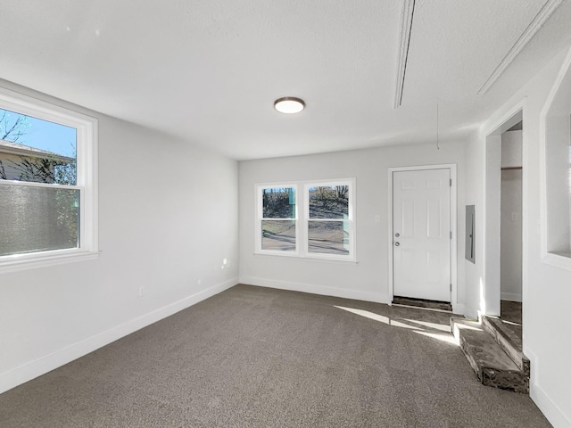 spare room with dark colored carpet and electric panel