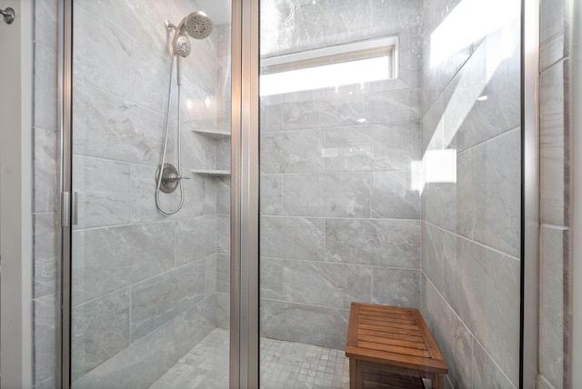 bathroom featuring a shower with shower door