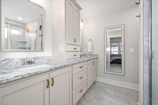 bathroom featuring vanity and walk in shower