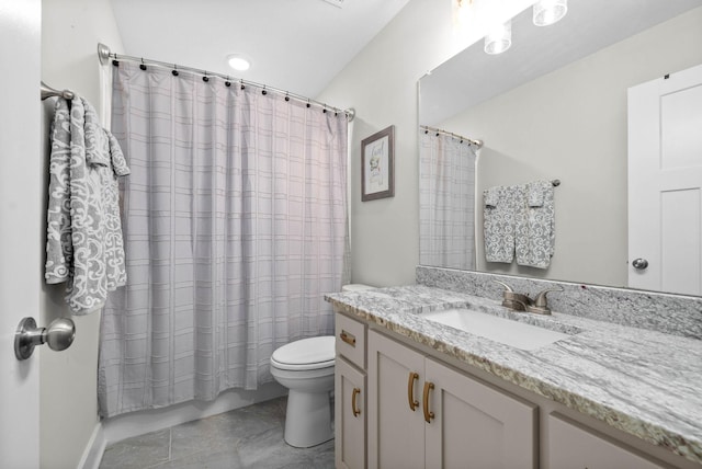 full bathroom featuring vanity, toilet, shower / tub combo with curtain, and tile patterned flooring