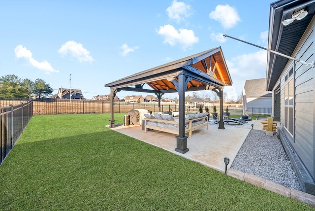 view of yard with a patio area, a gazebo, and an outdoor hangout area