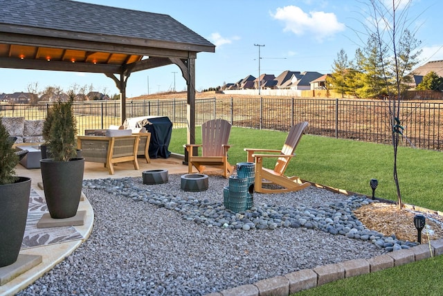 view of yard with a patio area, a gazebo, and outdoor lounge area