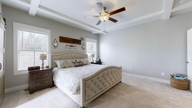 bedroom featuring ceiling fan, coffered ceiling, beam ceiling, and multiple windows