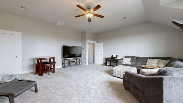 living room with light carpet, lofted ceiling, and ceiling fan