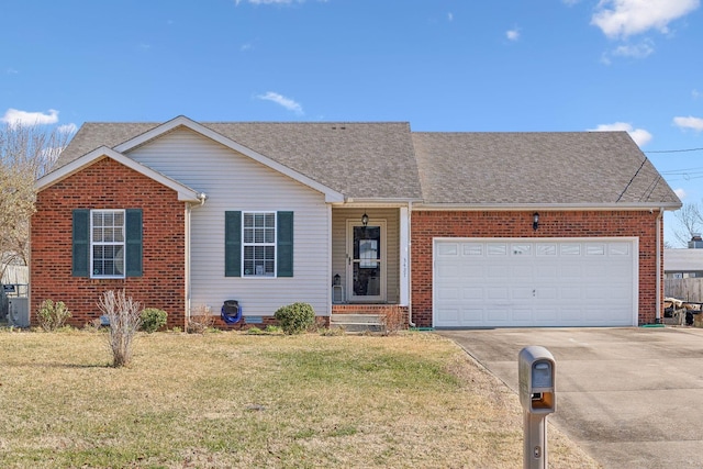 ranch-style house with a front yard and a garage