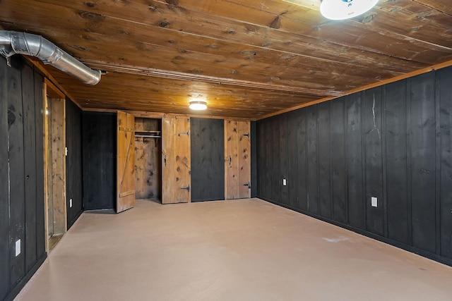 basement with wooden walls and wooden ceiling