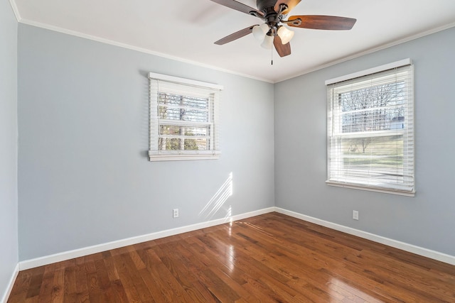 unfurnished room with ceiling fan, wood-type flooring, and crown molding