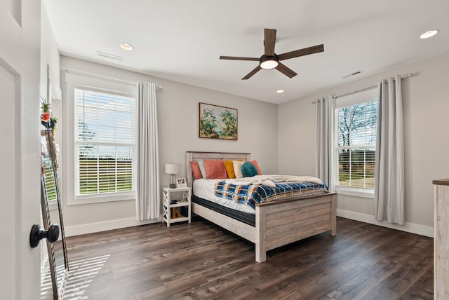 bedroom with ceiling fan, dark wood-type flooring, and multiple windows