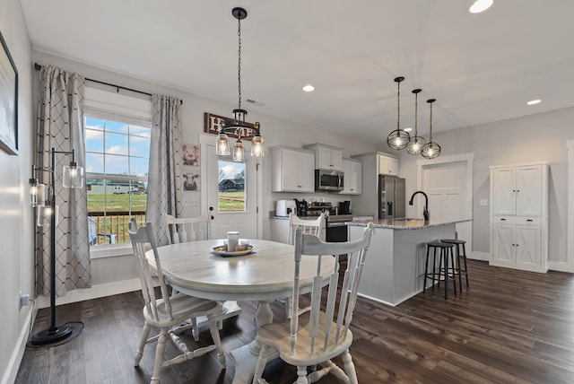 dining space featuring dark wood-type flooring and sink