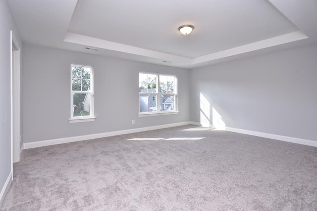 carpeted spare room with a tray ceiling