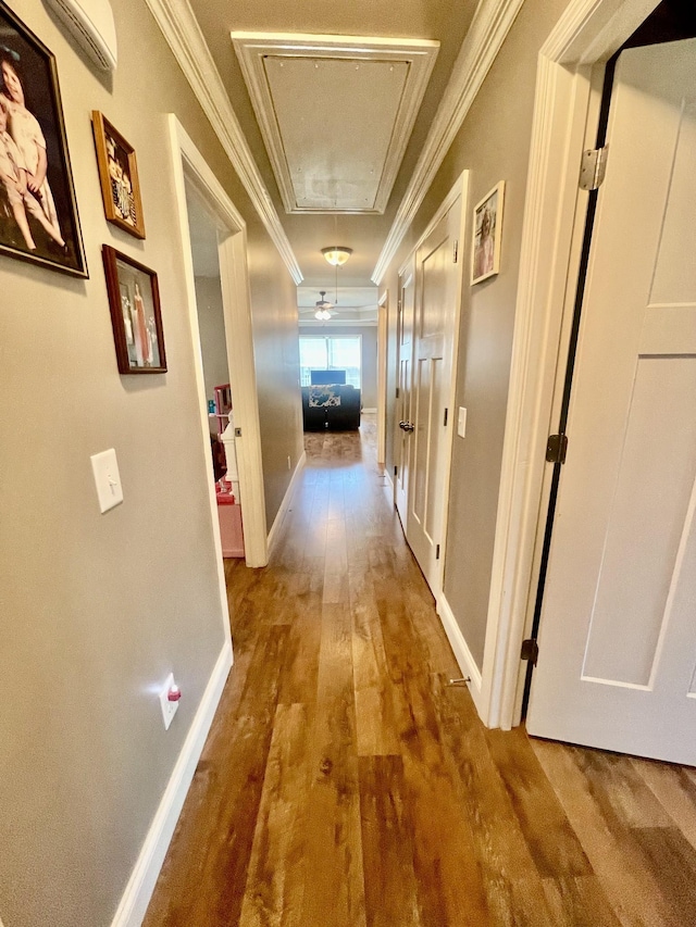 hall featuring hardwood / wood-style floors and ornamental molding